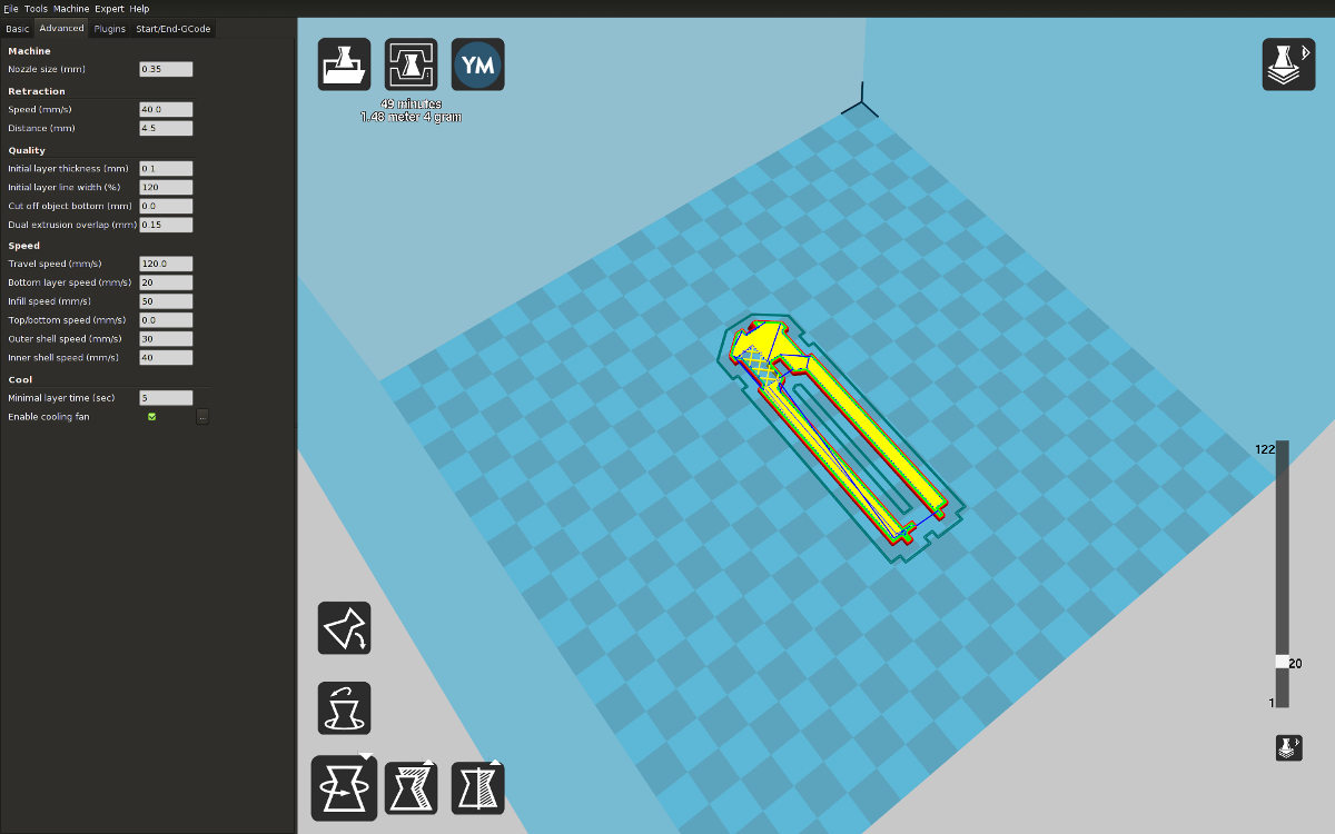 Cura 15.01 Screenshot - Slicing a part of the ADSB-1090 Antenna Combo model (Layer View)